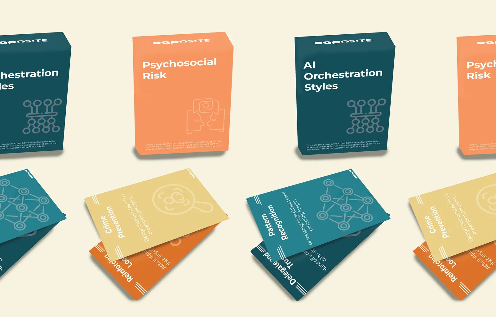 Boxed Psychosocial Risk and AI Orchestration sets, each with printed cards in front.